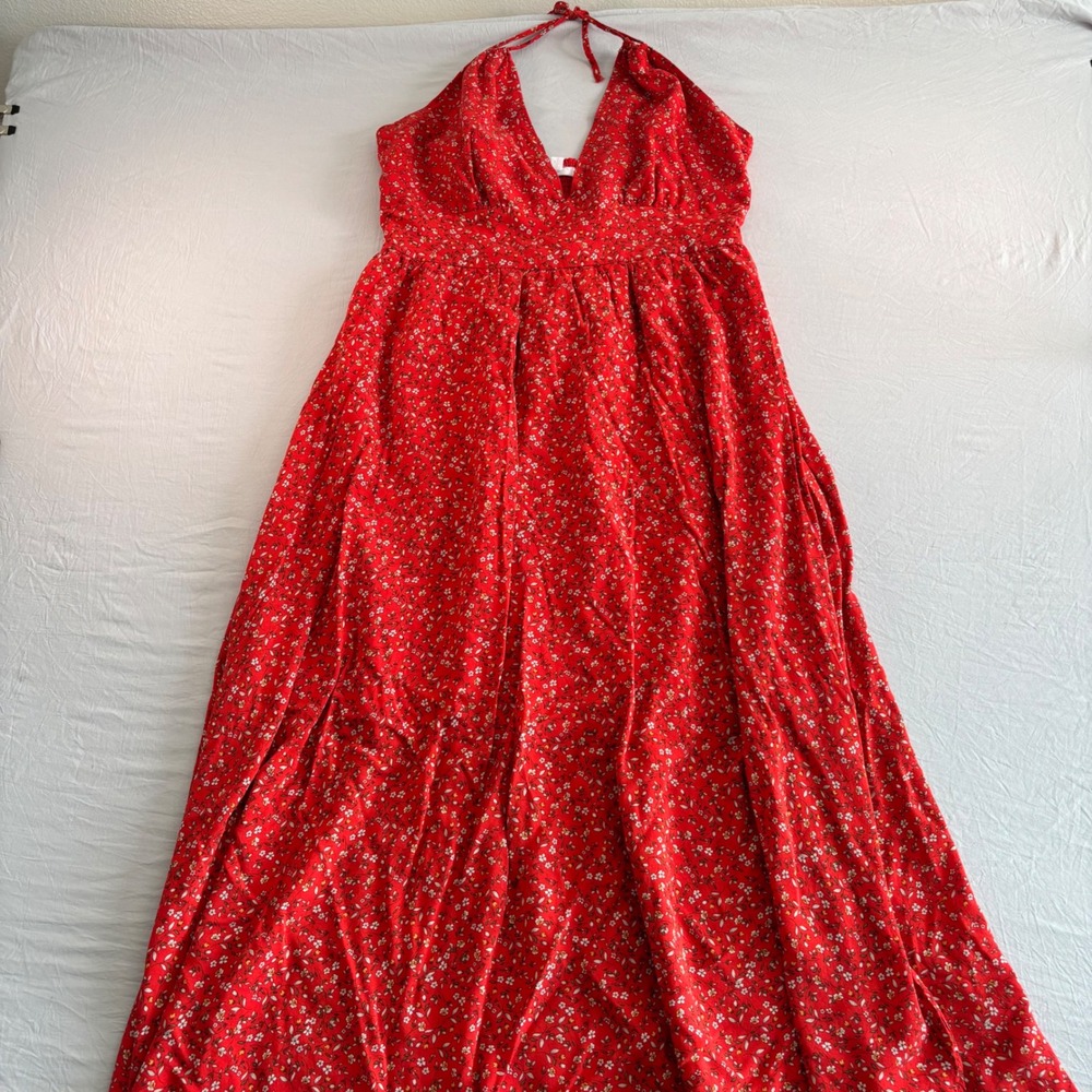 BB Dakota Steve Madden Red Floral Halter Maxi Dress Smocked Back Lined Large